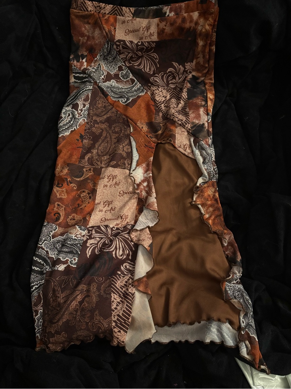 Patchwork Print Brown Satin Midi Skirt - Women